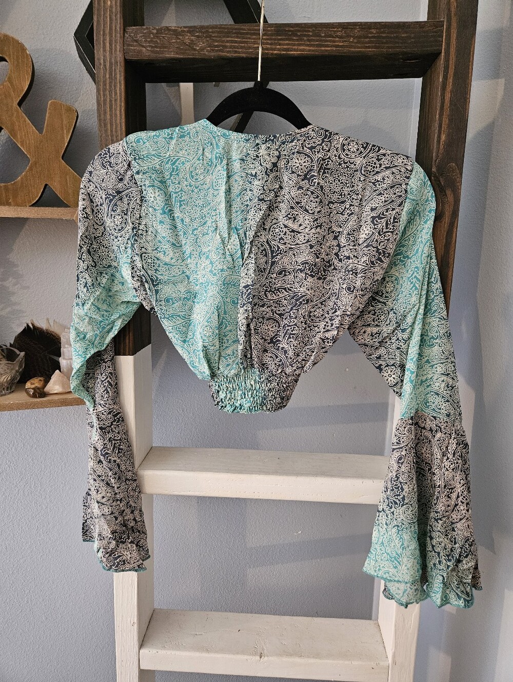 Rhea Boho Paisley Smocked Waist Crop Top - Bell Sleeves - NWT Size M - Picture 3 of 5